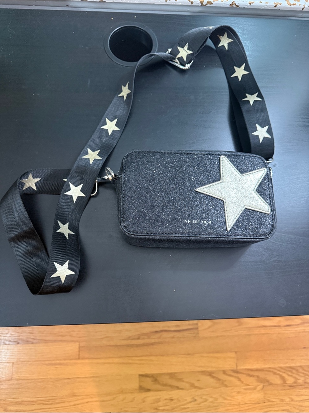 Black Star Crossbody Bag with Patterned Strap - Picture 2 of 12